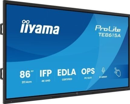 IIYAMA MONITOR INTERACTIVO 86" EDLA,ANDROID 14, 16/128GB UHD IPS, MM 2X 20W  + 20W SUBWR, 2X HDMI, DP , 1X USB-C,  550CD/M, HORIZ , MEDIA PLAY USB PORTS, ANTIGLARE, LAN, RS232C, IIWARE WIFI-6/BT 5.0, OPS SLOT, VESA 600X400 (MOUNT INCLUDED) (TE8615A-B